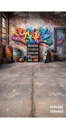 Nazwa produktu: Tło fotograficzne „Pracownia graffiti – industrialne studio street art” | 3918
